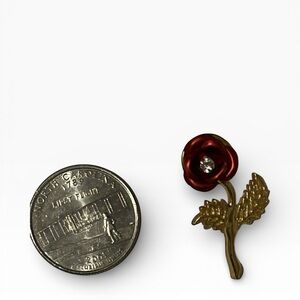 Vintage Gold Tone Red Rose and Rhinestone Brooch